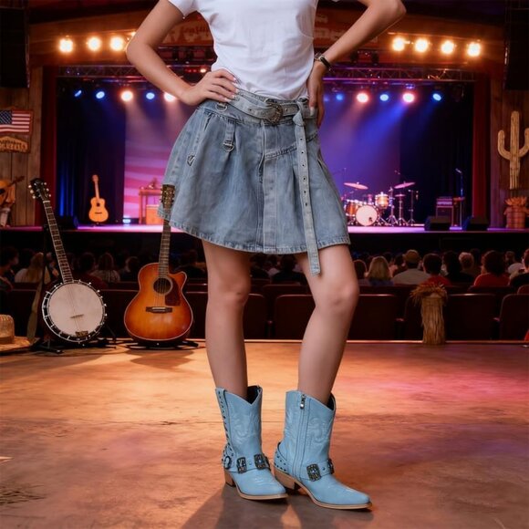 Women's Light Green Embroidery Pointed Toe Rodeo Western Ankle High Heel Boot - Picture 3 of 6